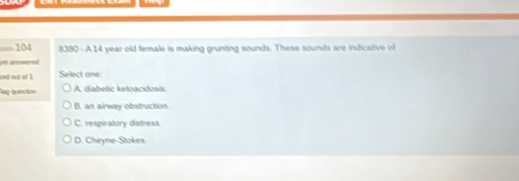 =104 8380 - A 14 year old female is making grunting sounds. These sounds are indicative of
ked outof 1 Select one:
ng quetén A. diabetic ketoacidosis.
B. an airway obstruction.
C. respiratory distress.
D. Cheyne-Stokes.