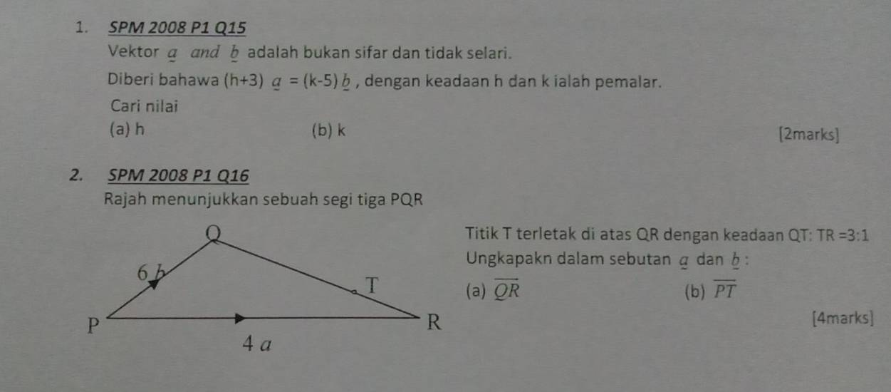 SPM 2008 P1 Q15 
Vektor gand b adalah bukan sifar dan tidak selari. 
Diberi bahawa (h+3)g=(k-5)_ b , dengan keadaan h dan k ialah pemalar. 
Cari nilai 
(a) h (b) k [2marks] 
2. SPM 2008 P1 Q16 
Rajah menunjukkan sebuah segi tiga PQR
Titik T terletak di atas QR dengan keadaan QT : TR=3:1
Ungkapakn dalam sebutan α dan ☝ : 
(a) overline QR (b) overline PT
[4marks]