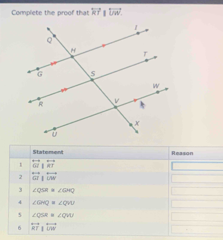 Complete the proof that overleftrightarrow RTparallel overleftrightarrow UW.