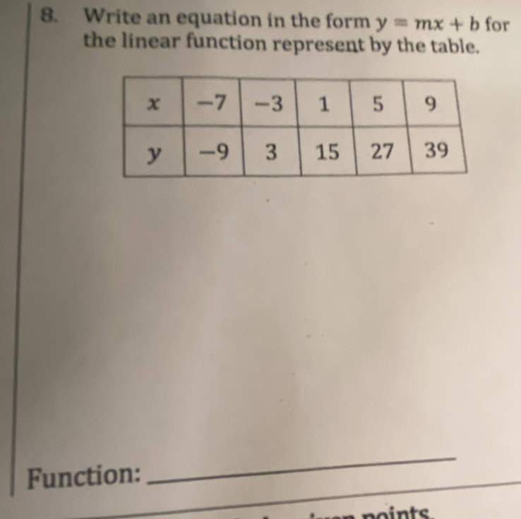 Write an equation in the form y=mx+b for 
the linear function represent by the table. 
_ 
Function: 
_ 
points