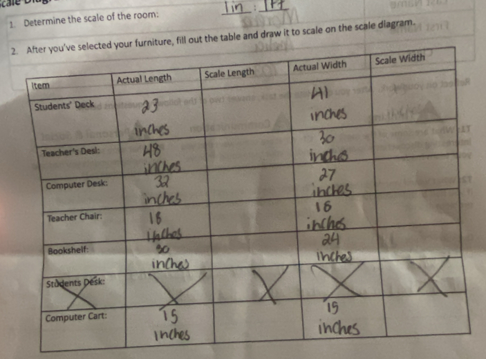 Determine the scale of the room: 
_ 
_ 
2ut the table and draw it to scale on the scale diagram.