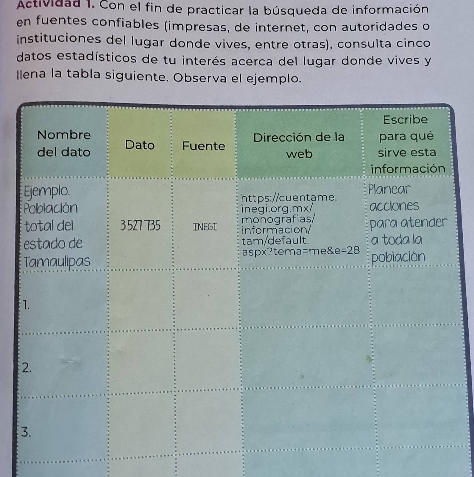 Actividad 1. Con el fin de practicar la búsqueda de información
en fuentes confiables (impresas, de internet, con autoridades o
instituciones del lugar donde vives, entre otras), consulta cinco
datos estadísticos de tu interés acerca del lugar donde vives y
llena la tabla siguiente. Observa el ejemplo.