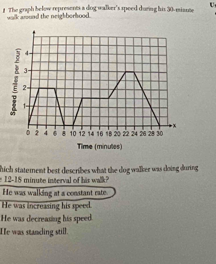 Us
1 The graph below represents a dog walker’s speed during his 30-minute
walk around the neighborhood.
hich statement best describes what the dog walker was doing during 
e 12-18 minute interval of his walk?
He was walking at a constant rate.
He was increasing his speed.
He was decreasing his speed.
He was standing still.