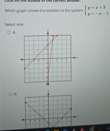 Click on the bubble of the correct answer. 
Which graph shows the solution to the system beginarrayl y=x+3 y=-x-1endarray.
Select one: 
A.
y
B. - 5
4
3
2
1
×
3 -4 - 4 t 4
-1