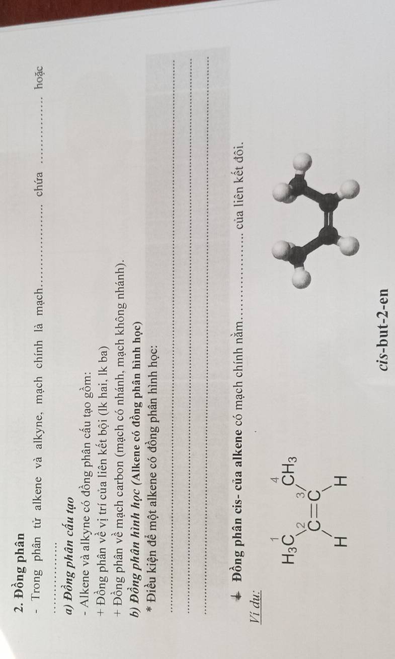 Đồng phân
- Trong phân tử alkene và alkyne, mạch chính là mạch _chứa _hoặc
_
a) Đồng phân cấu tạo
- Alkene và alkyne có đồng phân cấu tạo gồm:
+ Đồng phân về vị trí của liên kết bội (lk hai, lk ba)
+ Đồng phân về mạch carbon (mạch có nhánh, mạch không nhánh).
b) Đồng phân hình học (Alkene có đồng phân hình học)
* Điều kiện để một alkene có đồng phân hình học:
_
_
_
+ Đồng phân cis- của alkene có mạch chính nằm_ của liên kết đôi.
Ví dụ:
cis-but-2-en