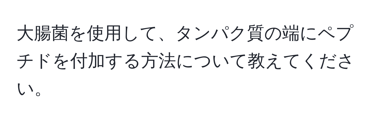 大腸菌を使用して、タンパク質の端にペプチドを付加する方法について教えてください。