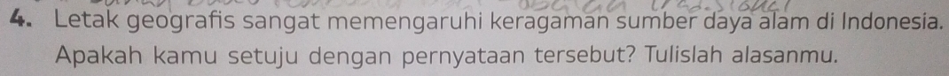 Letak geografis sangat memengaruhi keragaman sumber daya alam di Indonesia. 
Apakah kamu setuju dengan pernyataan tersebut? Tulislah alasanmu.