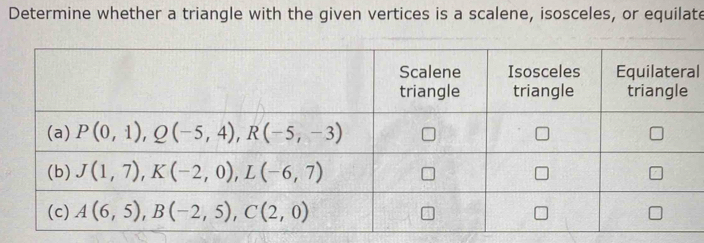 Determine whether a triangle with the given vertices is a scalene, isosceles, or equilate
l