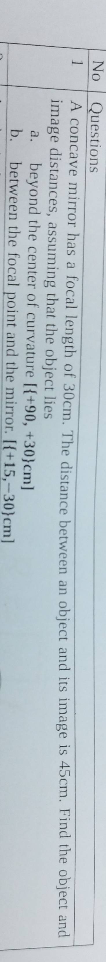 No Questions 
1 A concave mirror has a focal length of 30cm. The distance between an object and its image is 45cm. Find the object and 
image distances, assuming that the object lies 
a. beyond the center of curvature [ +90,+30 cm
b. between the focal point and the mirror. [ +15,-30 cm]