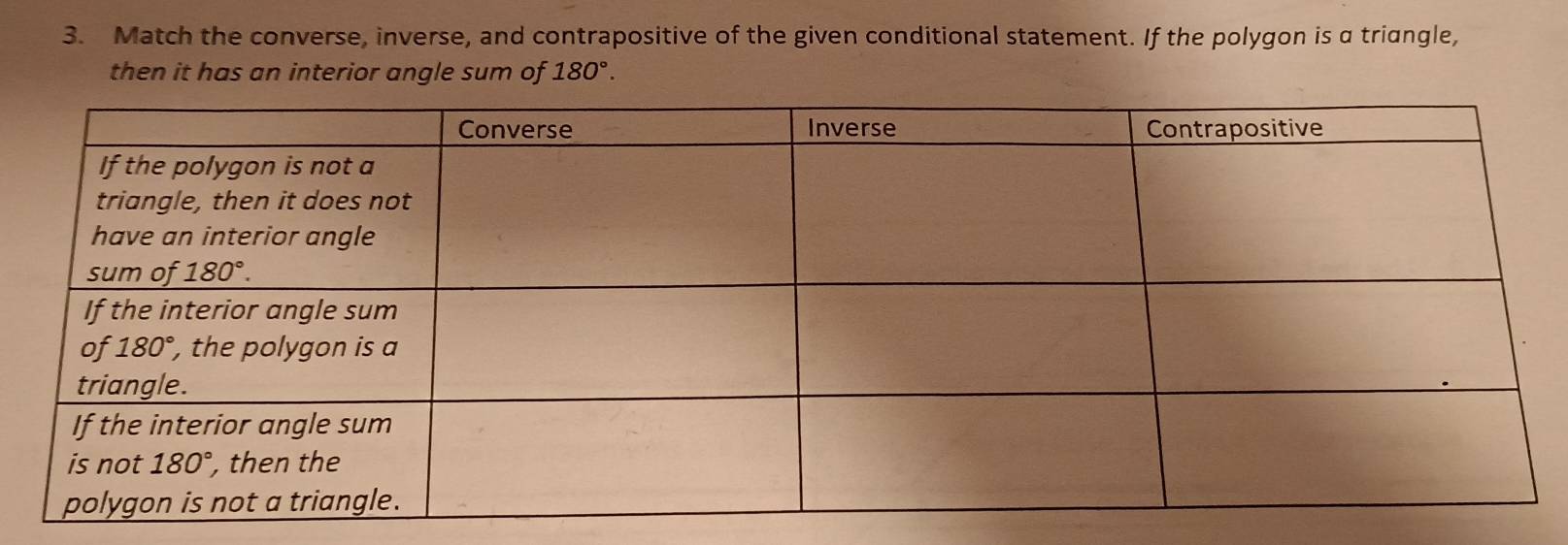 Match the converse, inverse, and contrapositive of the given conditional statement. If the polygon is a triangle,
then it has an interior angle sum of 180°.