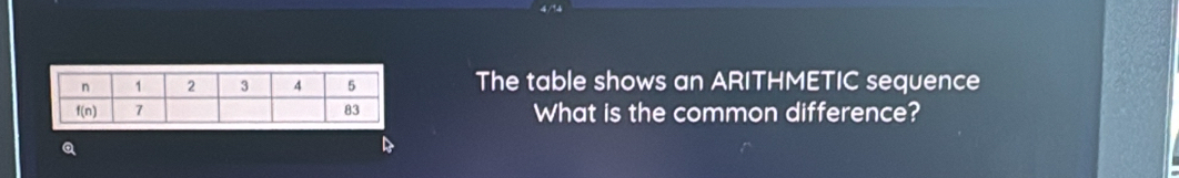 The table shows an ARITHMETIC sequence
What is the common difference?
Q