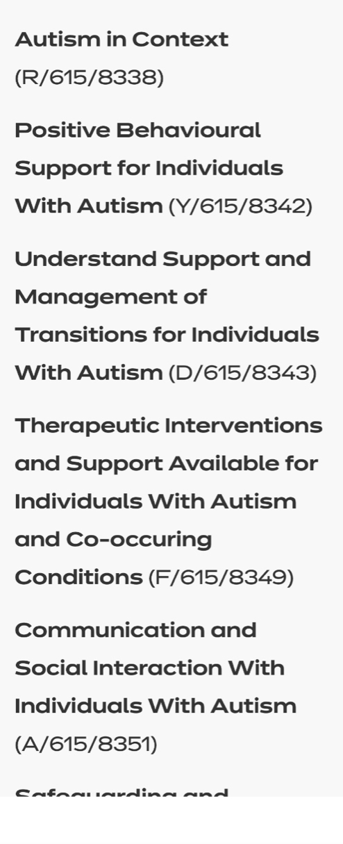 Autism in Context 
(R/615/8338) 
Positive Behavioural 
Support for Individuals 
With Autism (Y/615/8342) 
Understand Support and 
Management of 
Transitions for Individuals 
With Autism (D/615/8343) 
Therapeutic Interventions 
and Support Available for 
Individuals With Autism 
and Co-occuring 
Conditions (F/615/8349) 
Communication and 
Social Interaction With 
Individuals With Autism 
(A/615/8351)