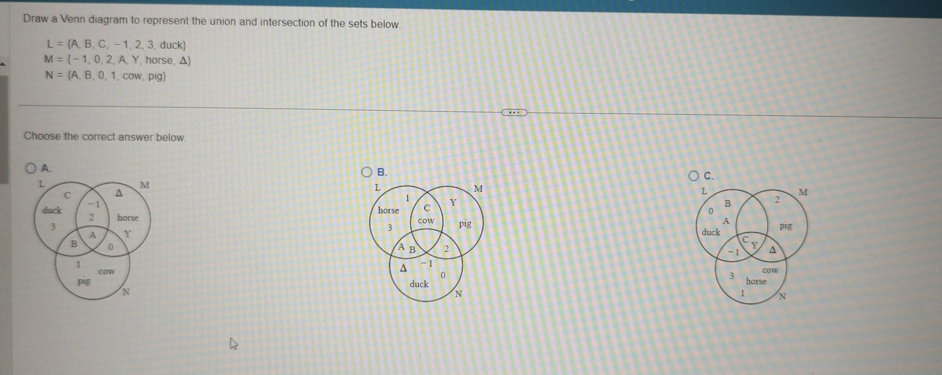 Draw a Venn diagram to represent the union and intersection of the sets below
L= A,B,C,-1,2,3,duck
M= -1,0,2,A,Y,horse,△ 
N= A,B,0,1,cow,pig
Choose the correct answer below.
A.
B.
C.
L
M
B 2
0
A
pig
duck
Y
-1
cow
3 horse
 
1 N