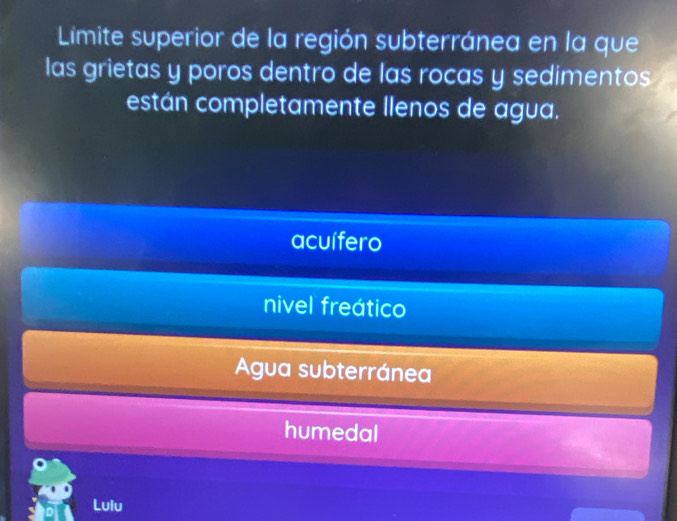 Limite superior de la región subterránea en la que
las grietas y poros dentro de las rocas y sedimentos
están completamente llenos de agua.
acuífero
nivel freático
Agua subterránea
humedal
Lulu