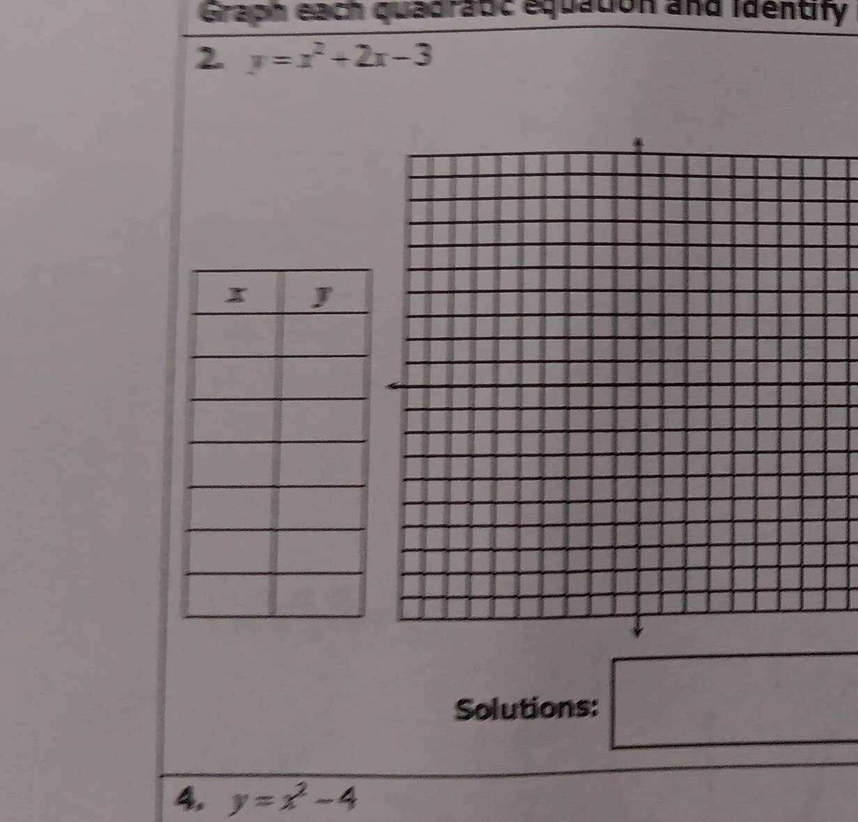 Graph each quadratic equation and Identify 
2 y=x^2+2x-3
Solutions: □ 
4. y=x^2-4