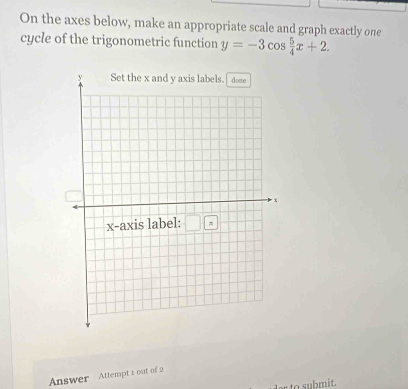 On the axes below, make an appropriate scale and graph exactly one 
cycle of the trigonometric function y=-3cos  5/4 x+2. 
Answer Attempt 1 out of 2 
e to submit.