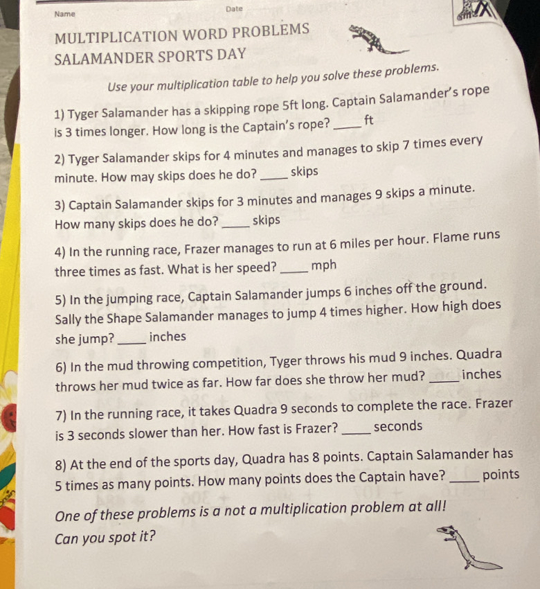 Solved: Name Date MULTIPLICATION WORD PROBLEMS SALAMANDER SPORTS DAY ...