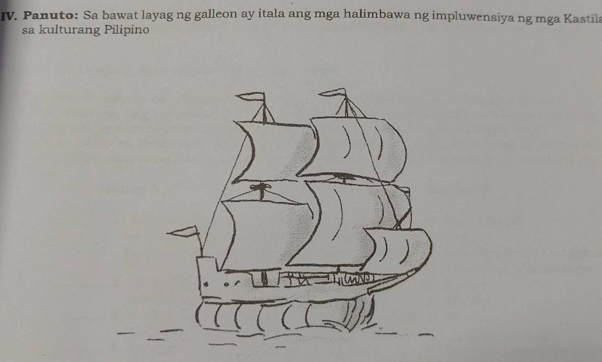 Panuto: Sa bawat layag ng galleon ay itala ang mga halimbawa ng impluwensiya ng mga Kastila 
sa kulturang Pilipino