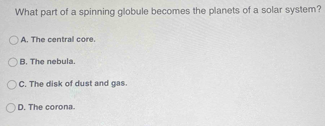 What part of a spinning globule becomes the planets of a solar system?
A. The central core.
B. The nebula.
C. The disk of dust and gas.
D. The corona.