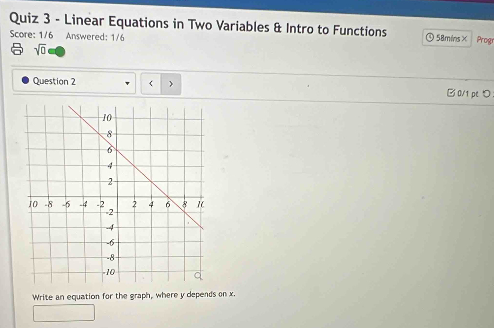 Linear Equations in Two Variables & Intro to Functions 58mins× Prog 
Score: 1/6 Answered: 1/6 
sqrt(0) 
Question 2 
□ 0/1 pt つ 
Write an equation for the graph, where y depends on x.