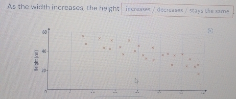 As the width increases, the height increases decreases stays the same