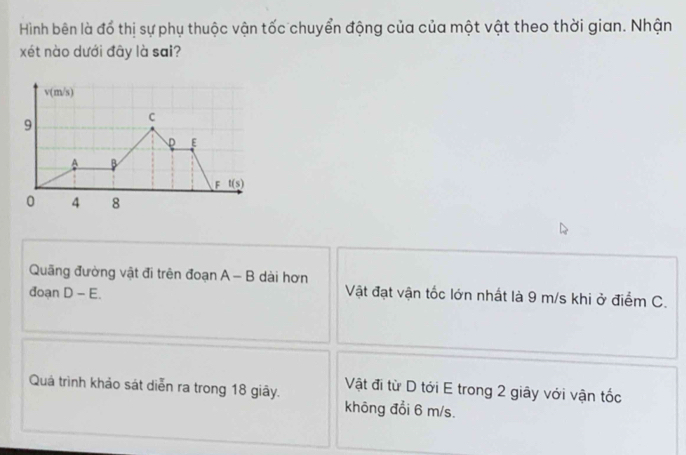 Hình bên là đổ thị sự phụ thuộc vận tốc chuyển động của của một vật theo thời gian. Nhận
xét nào dưới đây là sai?
Quãng đường vật đi trên đoạn A - B dài hơn
đoạn D-E. Vật đạt vận tốc lớn nhất là 9 m/s khi ở điểm C.
Vật đi từ D tới E trong 2 giây với vận tốc
Quả trình khảo sát diễn ra trong 18 giây. không đổi 6 m/s.