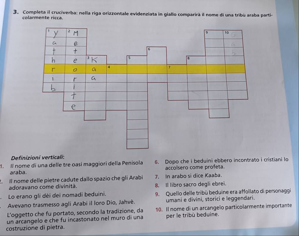 Completa il cruciverba: nella riga orizzontale evidenziata in giallo comparirà il nome di una tribù araba parti- 
colarmente ricca. 
Definizioni verticali: 
1. Il nome di una delle tre oasi maggiori della Penisola 6. Dopo che i beduini ebbero incontrato i cristiani lo 
araba. accolsero come profeta. 
2. Il nome delle pietre cadute dallo spazio che gli Arabi 7. In arabo si dice Kaaba. 
adoravano come divinità. 8. Il libro sacro degli ebrei. 
. Lo erano gli dèi dei nomadi beduini. 9. Quello delle tribù beduine era affollato di personaggi 
Avevano trasmesso agli Arabi il loro Dio, Jahvè. umani e divini, storici e leggendari. 
L’oggetto che fu portato, secondo la tradizione, da 10. Il nome di un arcangelo particolarmente importante 
un arcangelo e che fu incastonato nel muro di una per le tribù beduine. 
costruzione di pietra.