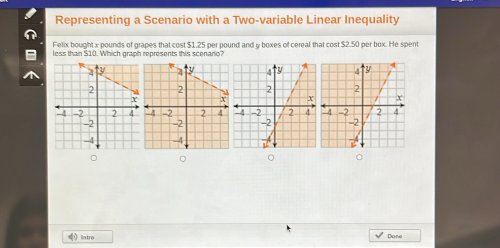 Representing a Scenario with a Two-variable Linear Inequality 
Felix bought x pounds of grapes that cost $1.25 per pound and y boxes of cereal that cost $2.50 per box. He spent 
less than $10. Which graph represents this scenario? 
Intro Done