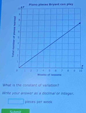 ryant can play
x
0 
What is the constant of variation? 
Write your answer as a decimal or integer. 
pieces per week 
Submit