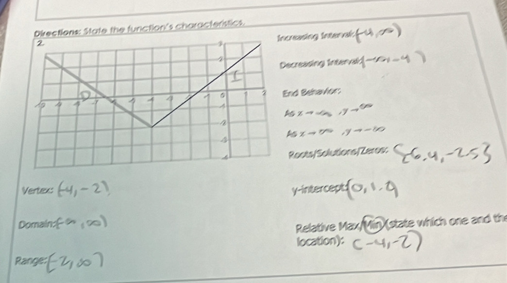 Directions: State the function's characterstics. 
Increasing Interval 
ecreasing Interval M(-1,1)=
nd Behavior: 
A xto ∈fty , yto ∈fty
A xto ∈fty ,yto -∈fty
Roots/Solutions/Zeros: 
Vertex: ~2
y-intercept 1, 2
Domain: fin, ∈fty
Relative Max Mn state which one and th 
location): 
Ranger