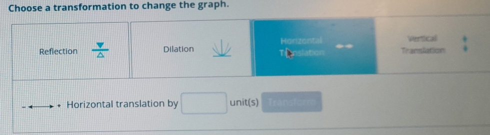 Choose a transformation to change the graph.
Horizontal Verticall
Reflection  v/4  Dilation _Tanslation Translation
Horizontal translation by □ unit(s) Transform