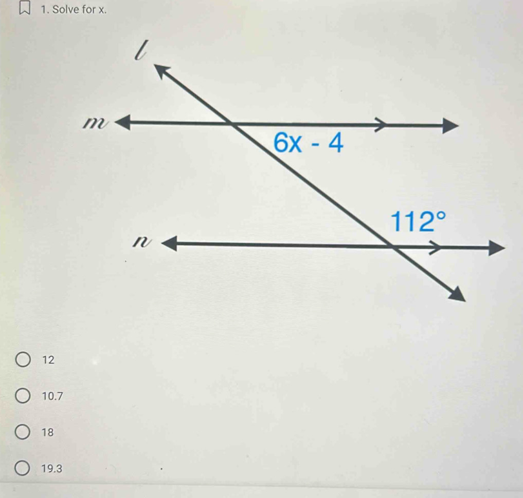 Solve for x.
12
10.7
18
19.3