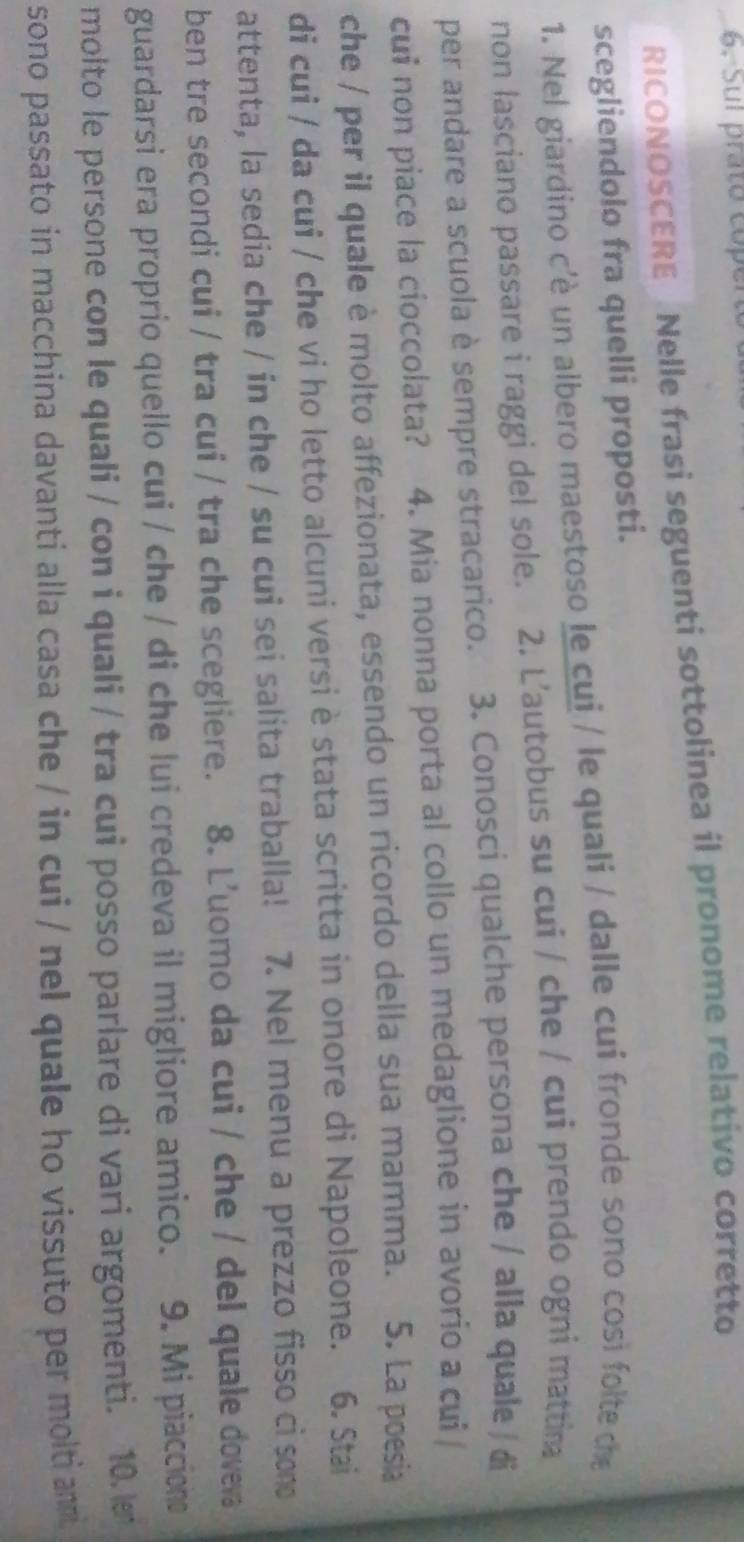 Sul prato cope 
RICONOSCERE Nelle frasi seguenti sottolinea il pronome relativo corretto 
scegliendolo fra quelli proposti. 
1. Nel giardino c'è un albero maestoso le cui / le quali / dalle cui fronde sono cosi folte ch 
non lasciano passare i raggi del sole. 2. L’autobus su cui / che / cui prendo ogni mattina 
per andare a scuola è sempre stracarico. 3. Conosci qualche persona che / alla quale / di 
cui non piace la cioccolata? 4. Mia nonna porta al collo un medaglione in avorio a cui 
che / per il quale è molto affezionata, essendo un ricordo della sua mamma. 5. La poesia 
di cui / da cui / che vi ho letto alcuni versi è stata scritta in onore di Napoleone. 6. Stai 
attenta, la sedia che / in che / su cui sei salita traballa! 7. Nel menu a prezzo fisso ci sono 
ben tre secondi cui / tra cui / tra che scegliere. 8. L'uomo da cui / che / del quale dovea 
guardarsi era proprio quello cui / che / di che lui credeva il migliore amico. 9. Mi piaccions 
molto le persone con le quali / con i quali / tra cui posso parlare di vari argomenti. 10. l 
sono passato in macchina davanti alla casa che / in cui / nel quale ho vissuto per molti anm