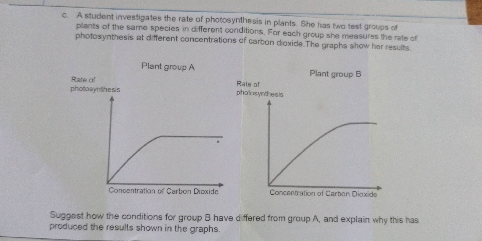 A student investigates the rate of photosynthesis in plants. She has two test groups of 
plants of the same species in different conditions. For each group she measures the rate of 
photosynthesis at different concentrations of carbon dioxide.The graphs show her results. 
Suggest how the conditions for group B have differed from group A, and explain why this has 
produced the results shown in the graphs.