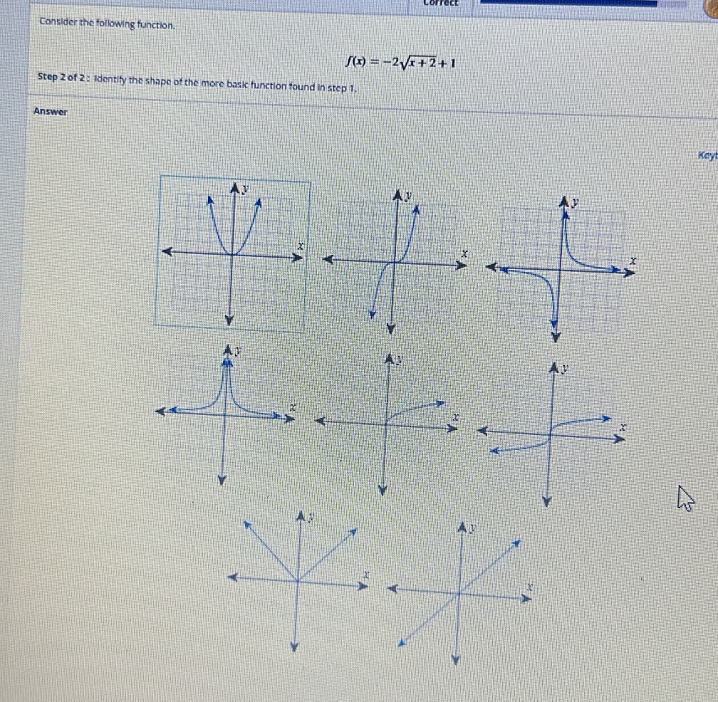 Correct 
Consider the following function.
f(x)=-2sqrt(x+2)+1
Step 2 of 2 : Identify the shape of the more basic function found in step 1. 
Answer 
Keyt