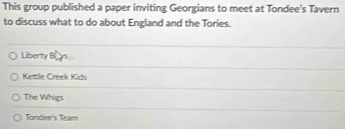 This group published a paper inviting Georgians to meet at Tondee's Tavern
to discuss what to do about England and the Tories.
Liberty Boys
Kettle Creek Kids
The Whigs
Tondee's Team