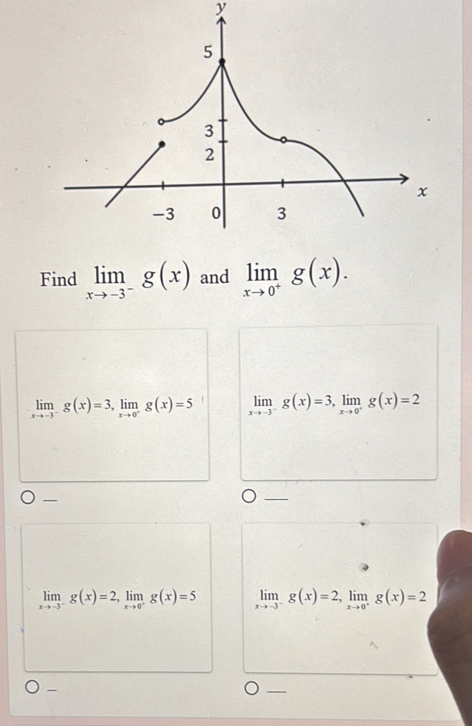 Find limlimits _xto -3^-g(x) and limlimits _xto 0^+g(x).
limlimits _xto -3^-g(x)=3, limlimits _xto 0^+g(x)=5 limlimits _xto -3^-g(x)=3, limlimits _xto 0^+g(x)=2
—
limlimits _xto -3^-g(x)=2, limlimits _xto 0^-g(x)=5 limlimits _xto -3^-g(x)=2, limlimits _xto 0^+g(x)=2