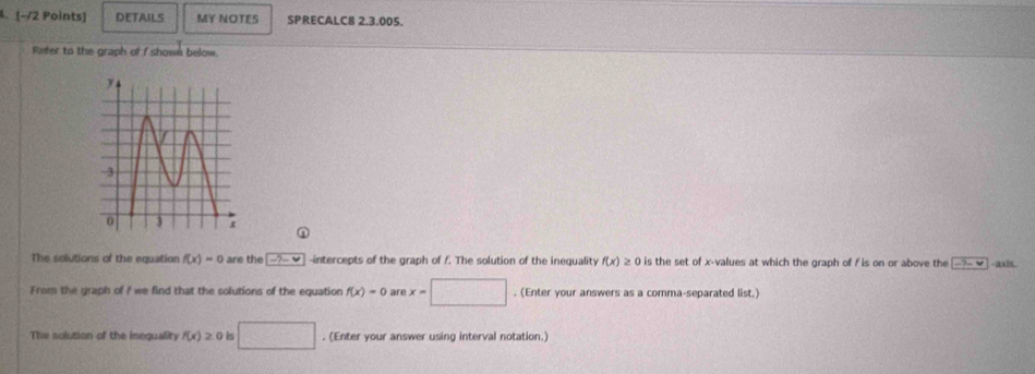 DETAILS MY NOTES SPRECALC8 2.3.005. 
Refer to the graph of f shown below 
① 
The solutions of the equation f(x)=0 are the -?-vee -intercepts of the graph of /. The solution of the inequality f(x)≥ 0 is the set of x -values at which the graph of f is on or above the -axis. 
From the graph of I we find that the solutions of the equation f(x)=0 are x=□ □ . (Enter your answers as a comma-separated list.) 
The solution of the inequality f(x)≥ 0 ls △ P=frac □ . (Enter your answer using interval notation.)