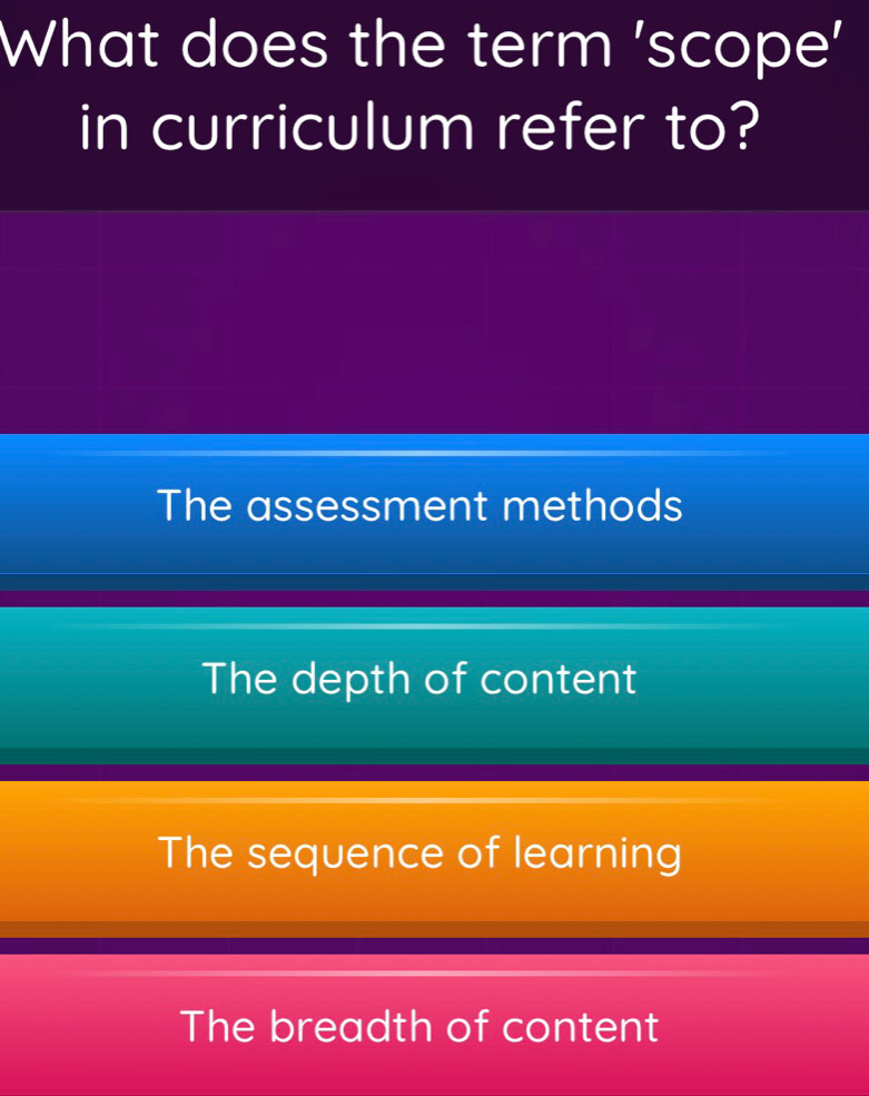 What does the term 'scope'
in curriculum refer to?
The assessment methods
The depth of content
The sequence of learning
The breadth of content