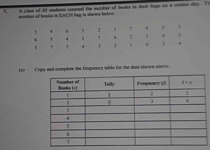 A class of 30 students coumed the number of books in their bags on a certain day. Th
number of books in EACH bag is shown betow.
(a) Copy and complete the frequency table for the data shown above