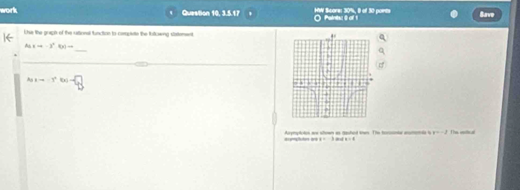 work Question 10, 3.5.17 HW Score: 30%, 8 of 30 points Save 
a Points: 0 of 1 
Lse the goaph of the cattional function to campliste the fulcwing statement 
_
Asxto -3^+f(x)to
_
t_3 x=-3^x l(x -Q
Anyrplotes are shown as dashed thes. The torountal aomonla is y=-2 This veltical 
dsymphuton aro x=-3 k=4