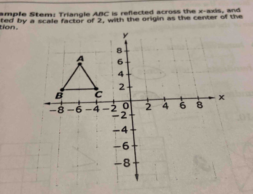 ample Stem: Triangle ABC is reflected across the x-axis, and 
ted by a scale factor of 2, with the origin as the center of the 
tion.