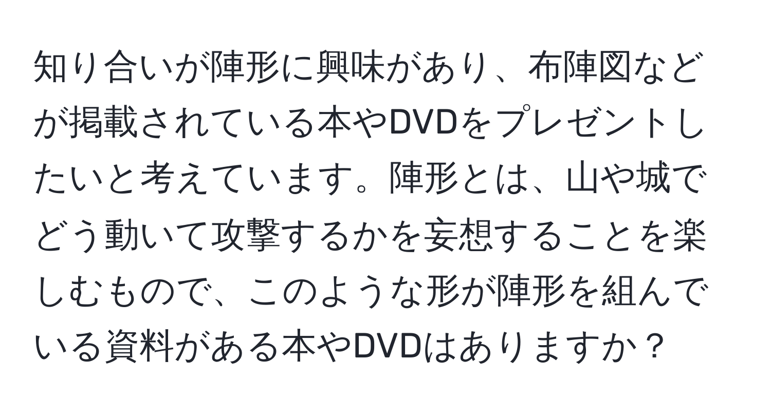 知り合いが陣形に興味があり、布陣図などが掲載されている本やDVDをプレゼントしたいと考えています。陣形とは、山や城でどう動いて攻撃するかを妄想することを楽しむもので、このような形が陣形を組んでいる資料がある本やDVDはありますか？