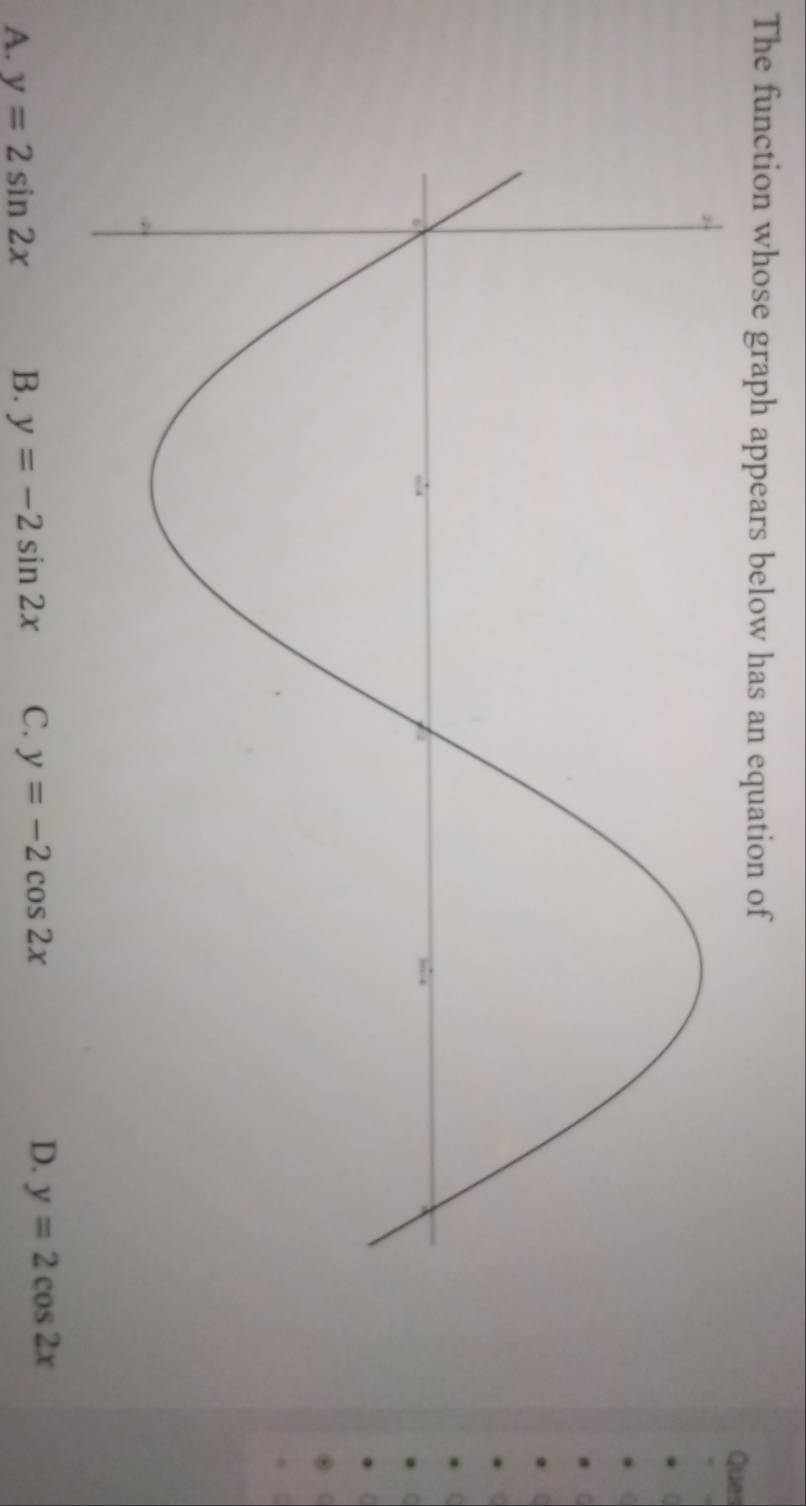 The function whose graph appears below has an equation of
Ques
A. y=2sin 2x B. y=-2sin 2x C. y=-2cos 2x D. y=2cos 2x