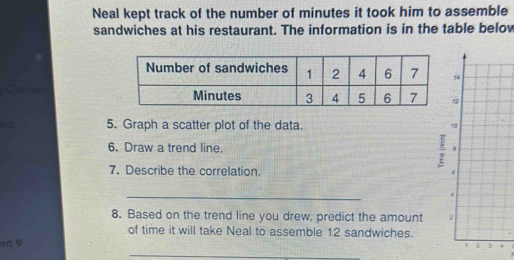 Neal kept track of the number of minutes it took him to assemble 
sandwiches at his restaurant. The information is in the table below 
Carder 
MIS 5. Graph a scatter plot of the data. 
6. Draw a trend line. 
; 
7. Describe the correlation. 
_ 
8. Based on the trend line you drew, predict the amount 2
of time it will take Neal to assemble 12 sandwiches. 
_ 
nt 9