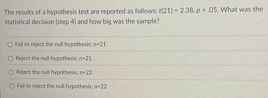 The results of a hypothesis test are reported as follows: t(21)=2.38, p . What was the
statistical decision (step 4) and how big was the sample?
Fail to reject the null hypothesis; n=21
Reject the null hypothesis; n=21
Reject the null hypothesis; n=22
Fail to reject the null hypothesis; n=22