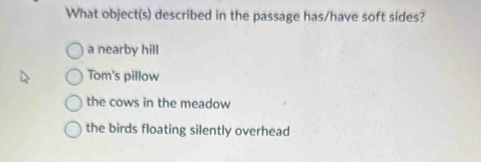 What object(s) described in the passage has/have soft sides?
a nearby hill
Tom's pillow
the cows in the meadow
the birds floating silently overhead