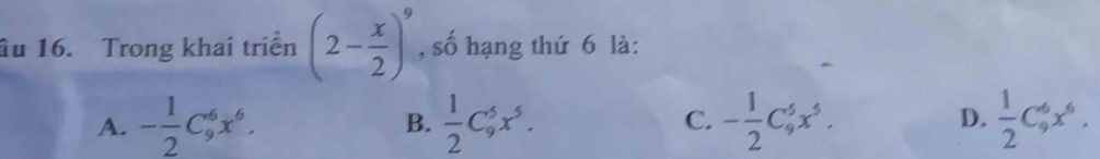 âu 16. Trong khai triển (2- x/2 )^9 , số hạng thứ 6 là:
A. - 1/2 C_9^(6x^6). B.  1/2 C_9^(5x^5). C. - 1/2 C_9^(5x^5). D.  1/2 C_9^(6x^6).