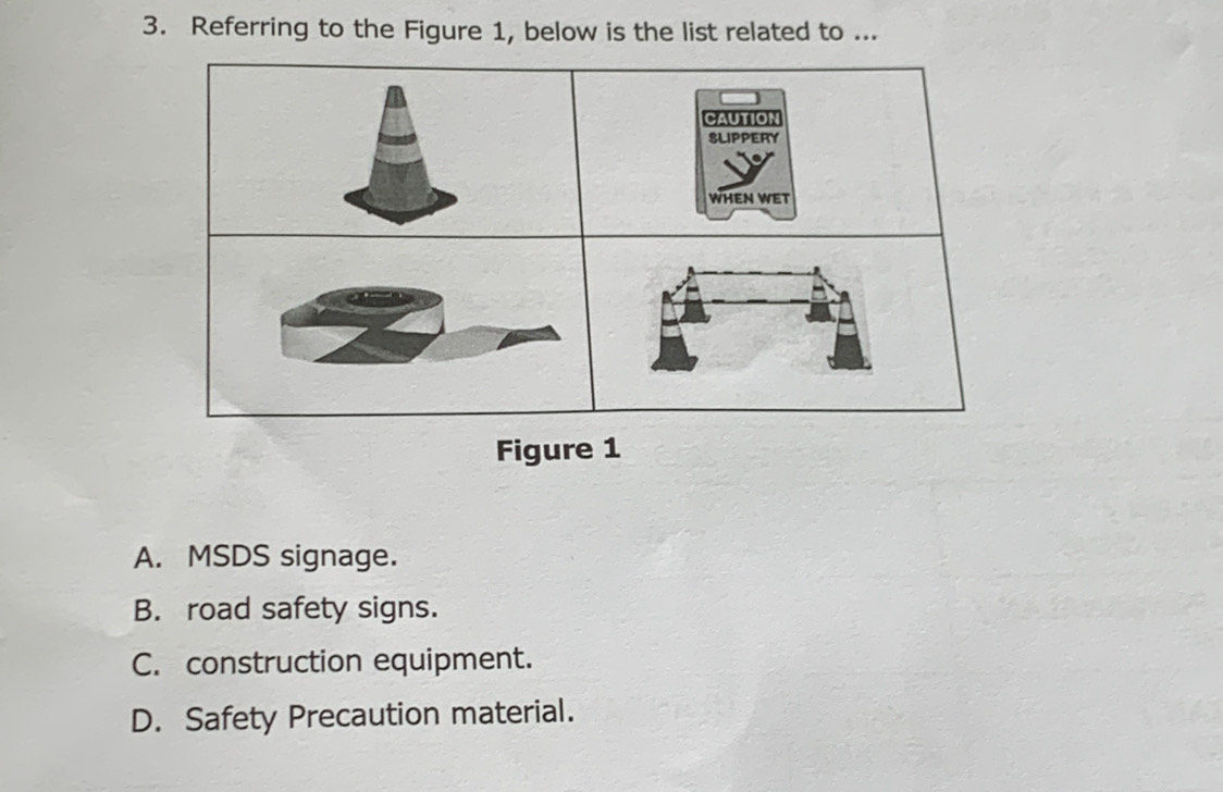 Referring to the Figure 1, below is the list related to ...
Figure 1
A. MSDS signage.
B. road safety signs.
C. construction equipment.
D. Safety Precaution material.