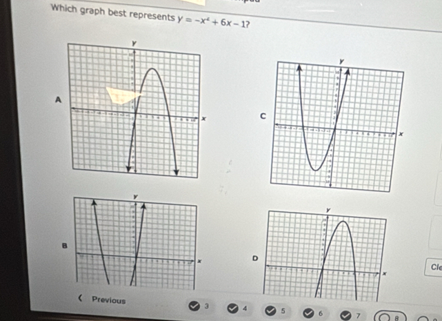 Which graph best represents y=-x^2+6x-1 ? 
A

y. 
, 
B
x
Cle 
( Previous
3 4 5 6 7